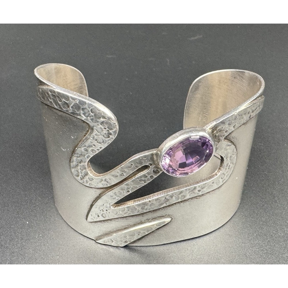 Sterling Silver Modernist Cuff Bracelet Amethyst Signed © DC SE 57.85g